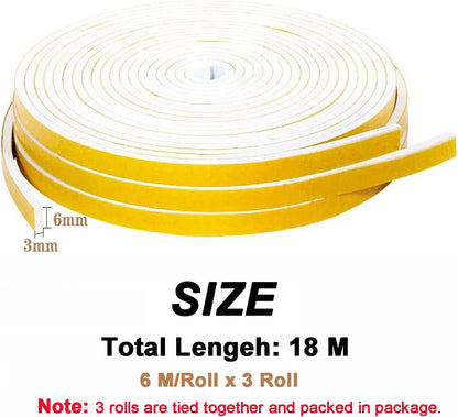 Adhesive Weather Stripping Foam Tape, 6mm(B) x 3mm(D)/18m Draught Excluder Foam Strip Tape Seal Self Adhesive for Door Window Against Cold Draught/Anti-Collision/Soundproof/Waterproof/Dustproof