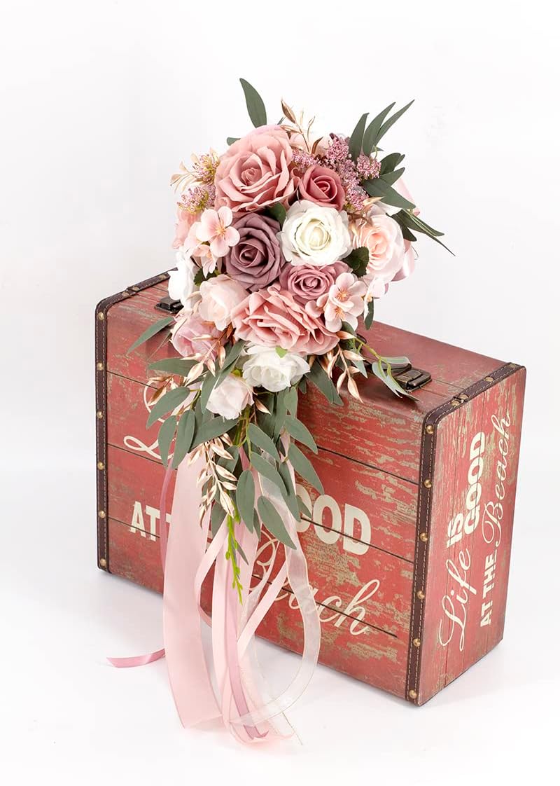 Ansofi 9" Dusty Rose Wedding Bouquets for Bride, Cascading Bridal Bouquet for Bride Artificial Silk Roses Flowers Tossing Bouquet for Wedding Ceremony Decor