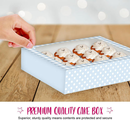 Anniversary House Blue Cupcake Box with Window and Removable 12 Hole Insert, Gingham and Polka Dot Print, 1 Pack, Easy Assembly, Baby Blue, Light Blue, 7.5 x 25 x 31cm, J163