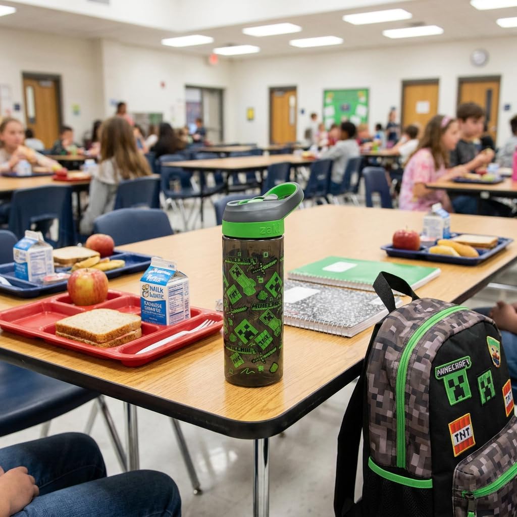 HOX Minecraft Creeper 600ml Drinks Bottle Eco Friendly School Water Bottle + Removable straw, Leak Proof BPA-free Plastic Gift for Minecraft fan - Officially licensed Merchandise