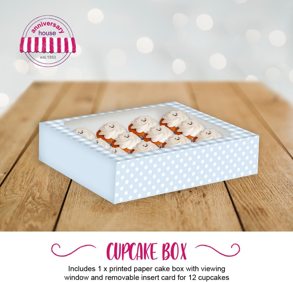 Anniversary House Blue Cupcake Box with Window and Removable 12 Hole Insert, Gingham and Polka Dot Print, 1 Pack, Easy Assembly, Baby Blue, Light Blue, 7.5 x 25 x 31cm, J163