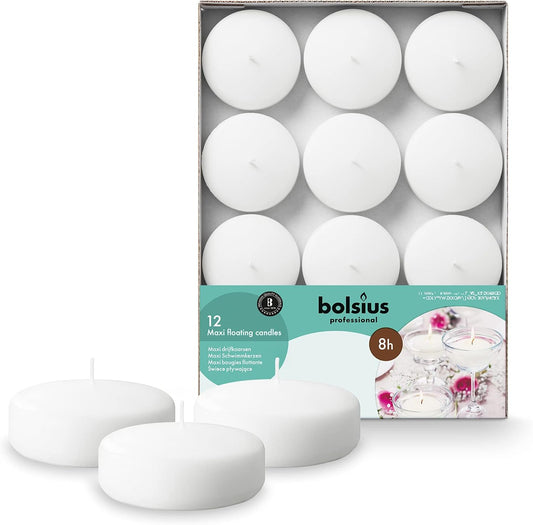 Bolsius - Maxi Floating Candles - White - 12 Pieces in a Box - Ø 7.6 cm - Burning Time 8 Hours - Fragrance-Free - Paraffin Wax - XL Floating Candle - Various Occasions