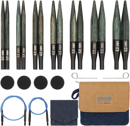 KnitPro - KnitPro Interchangeable Needle Set Mini Wood Indigo - 1 Set,Blue/Fold,3,00 mm - 6,00 mm