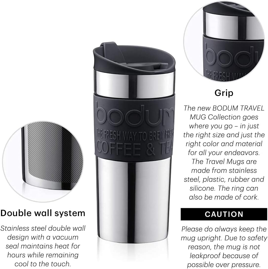 Bodum Travel Mug Vacuum Insulated Travel Cup, 350ml / 12oz Double-Wall Stainless-Steel Coffee Mug with Flip-Top Lid and Non-Slip Silicone Grip, Black, 11068-01