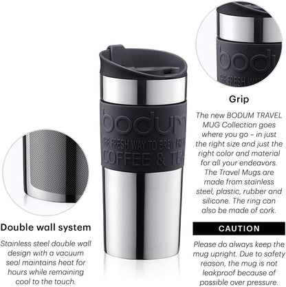 Bodum Travel Mug Vacuum Insulated Travel Cup, 350ml / 12oz Double-Wall Stainless-Steel Coffee Mug with Flip-Top Lid and Non-Slip Silicone Grip, Black, 11068-01