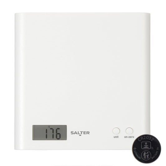 Salter Digital Kitchen Scale - 3kg Capacity, Battery Included, High Precision, Accurate Food Weighing, Easy Read Display, Add & Weigh, Zero Function, Slim Design, Wipe Clean, White, 15 Year Guarantee