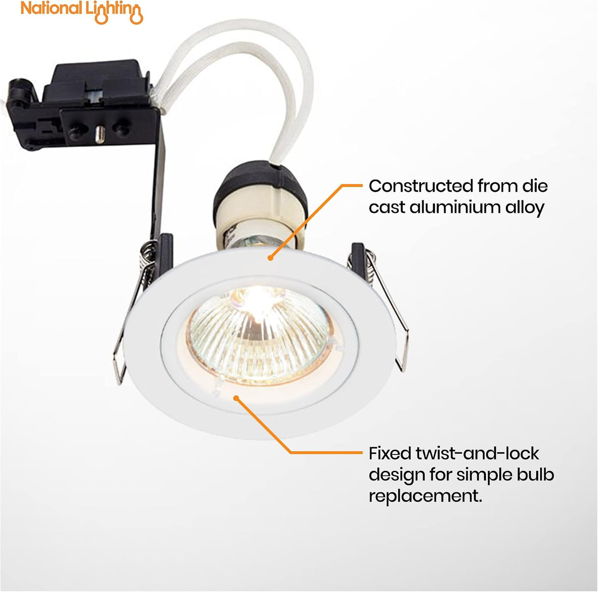 National Lighting Recessed Lighting - Mains Powered LED Spot Lights Downlights for Ceiling - IP20 Rated GU10 Fitting for Halogen or LED - Matt White Finish, Fixed Version