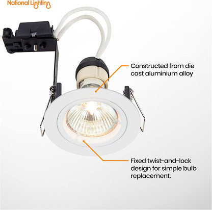 National Lighting Recessed Lighting - Mains Powered LED Spot Lights Downlights for Ceiling - IP20 Rated GU10 Fitting for Halogen or LED - Matt White Finish, Fixed Version