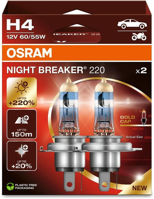 OSRAM NIGHT BREAKER 220, H4, +220% more brightness, halogen headlight lamp, 64193NB220-2HB, Folding Box (2 lamps)