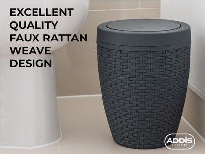Addis Faux Rattan Round Swing Lid Bathroom Bin, Charcoal, 517488