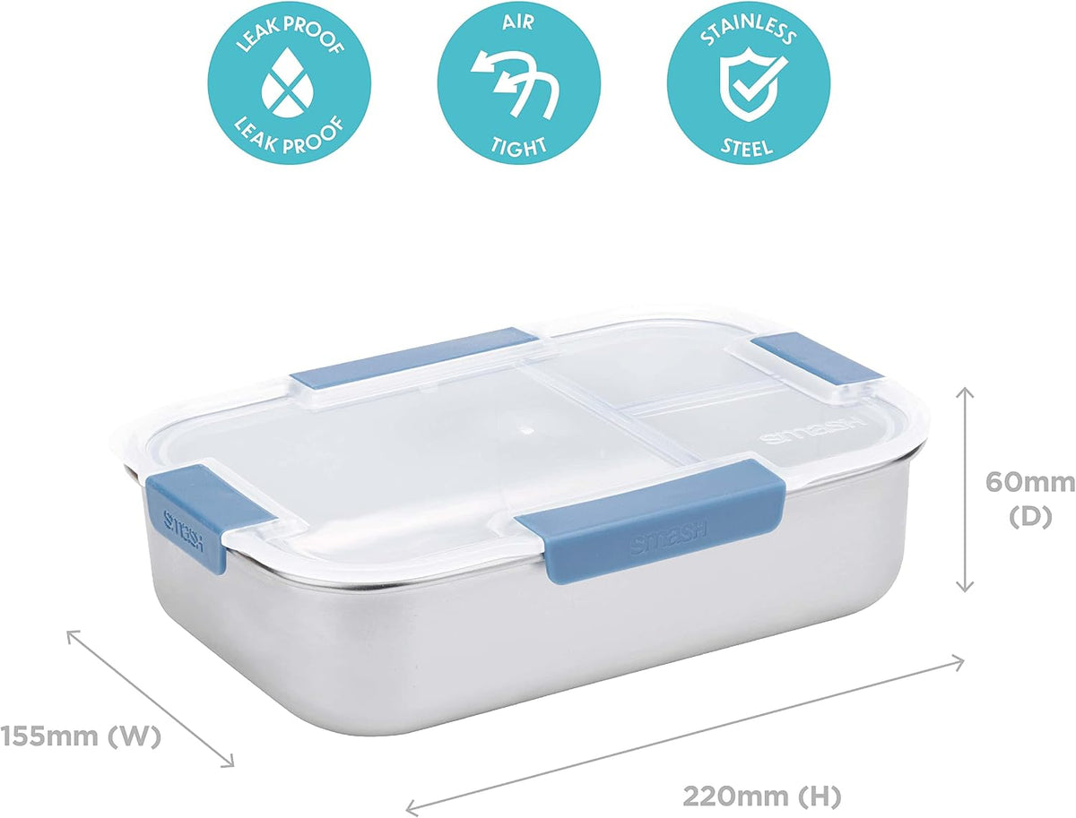 Smash Stainless Steel Bento Lunch Box, 3 Compartments, Blue, 1300ml