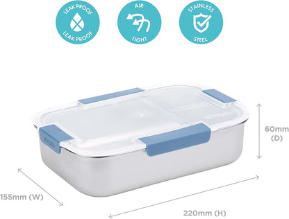 Smash Stainless Steel Bento Lunch Box, 3 Compartments, Blue, 1300ml