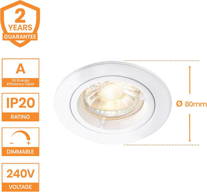 National Lighting Recessed Lighting - Mains Powered LED Spot Lights Downlights for Ceiling - IP20 Rated GU10 Fitting for Halogen or LED - Matt White Finish, Fixed Version