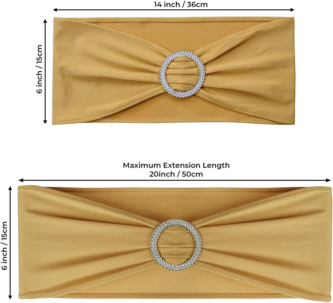 Babenest Spandex Chair Sashes Bows 50PCS Premium Stretch Chair Cover Band with Buckle Slider Universal Elastic Chair Ties for Wedding Party Ceremony Reception Banquet Decoration (Gold)