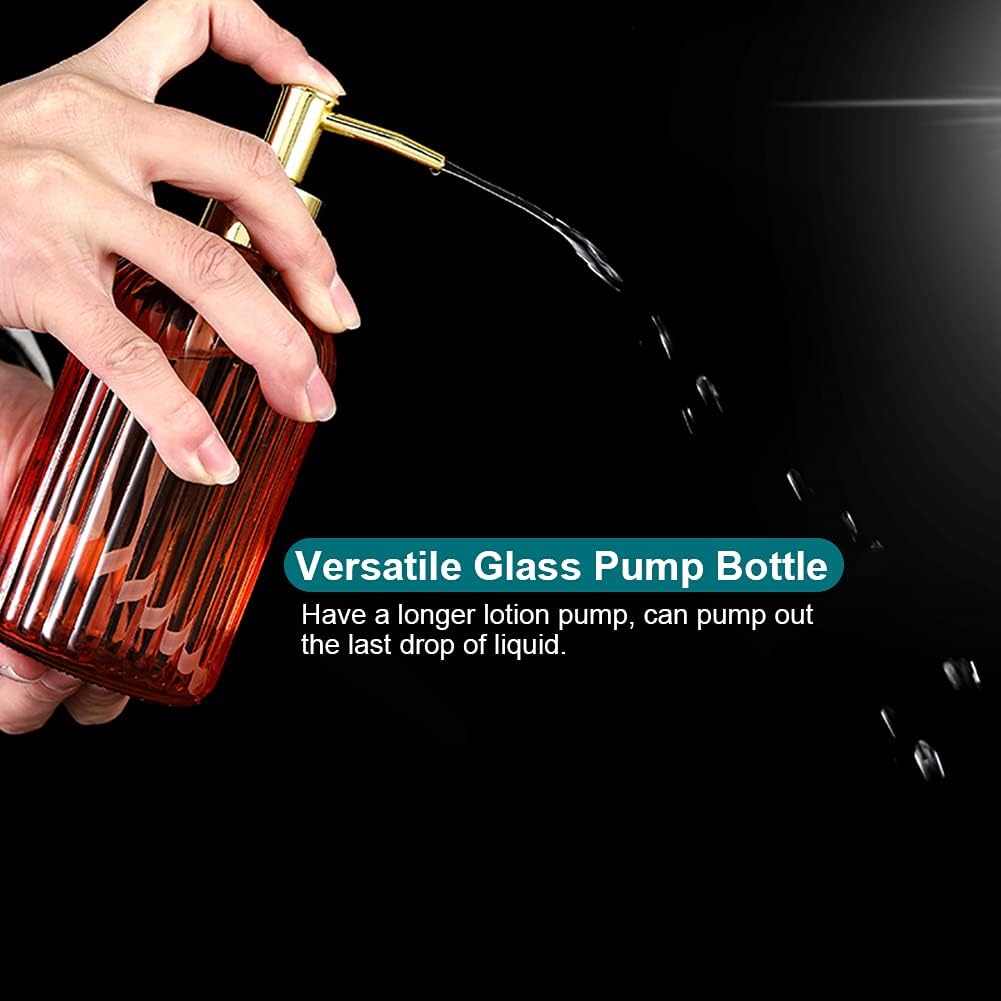 2 Pack Versatile Glass Soap Dispenser Bottle with Pump, 17 Oz Dripless Pump Bottle, Refillable Liquid Hand Jar Dispenser for Bathroom, Countertop, Kitchen, Laundry Room - Amber