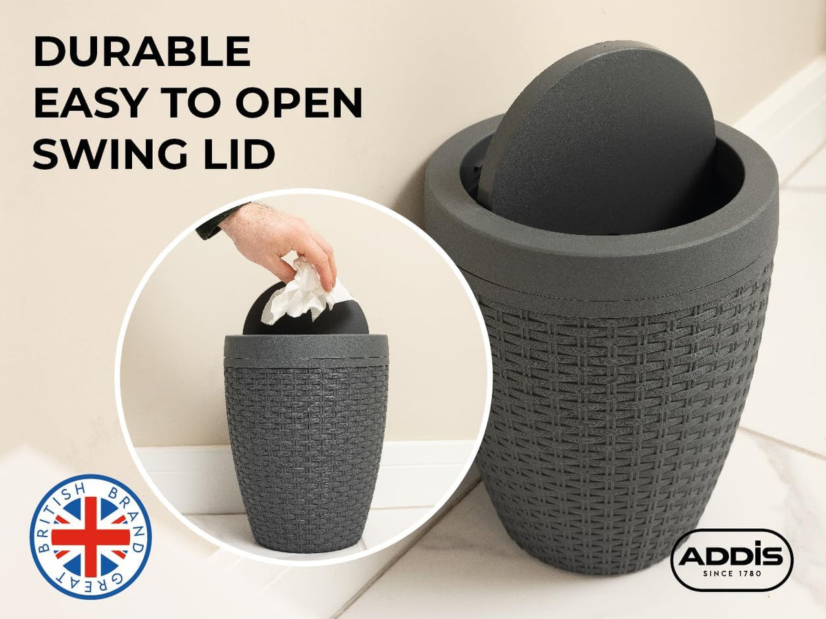 Addis Faux Rattan Round Swing Lid Bathroom Bin, Charcoal, 517488