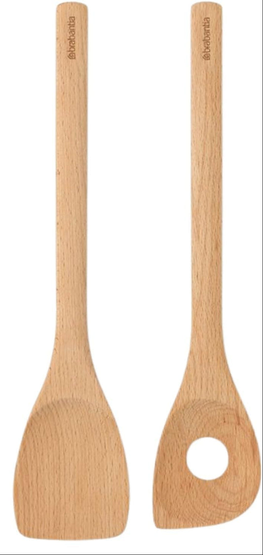 Brabantia 3 Piece Wooden Kitchen Utensil Set (Beech Wood) Spoon, Spatula & Corner Spoon - Sustainable Cookware