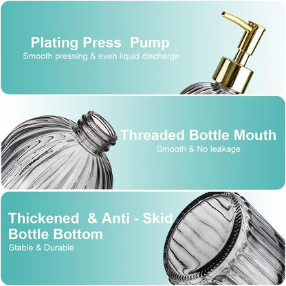 2 Pack Versatile Glass Soap Dispenser Bottle with Pump, 17 Oz Dripless Pump Bottle, Refillable Liquid Hand Jar Dispenser for Bathroom, Countertop, Kitchen, Laundry Room - Clear&Grey
