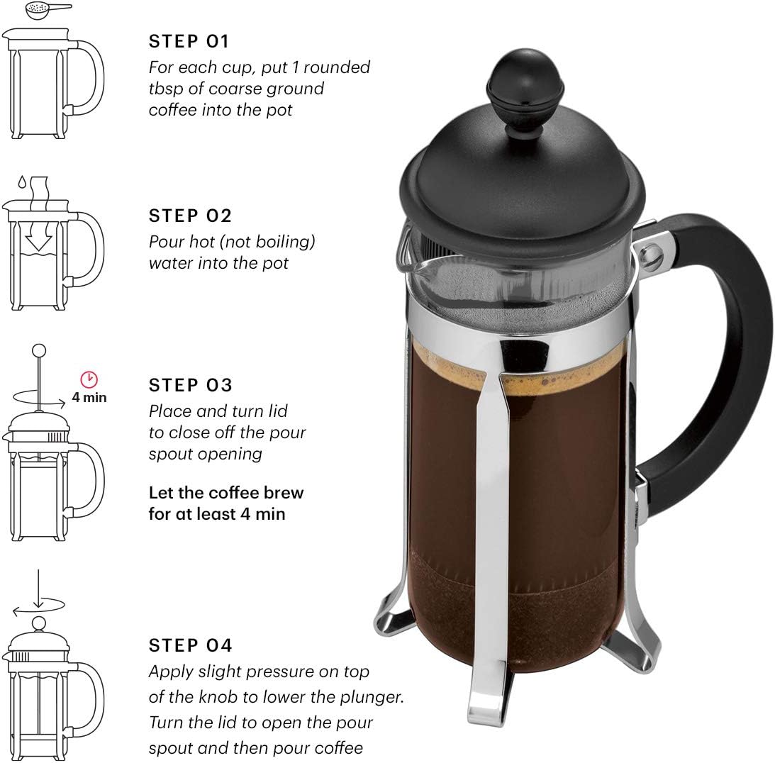 Bodum French Press Caffettiera White - 350ml / 3 Cup Coffee Maker - Durable Glass & Stainless Steel Filter - BPA-Free Dishwasher Safe Percolator - Cafetiere Made in Portugal