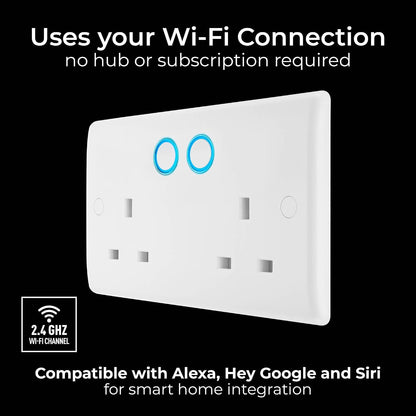 BG Electrical Double Switched Power Wall Plug Socket with Smart Home Control, Touch, Voice or App Control, Timer Function, Security Options, Round Edge, Nexus 800 Series, White Moulded, 13A, 822/HC