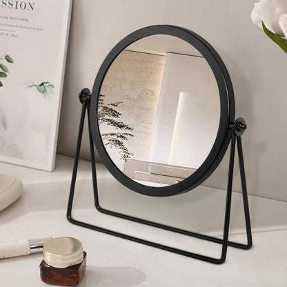 JJUUYOU Desk Mirror with Metal Framed Round Tabletop Mirror 360°Rotation Small Makeup with Stand Mirrors for for Office Dorm Room Cosmetic Black