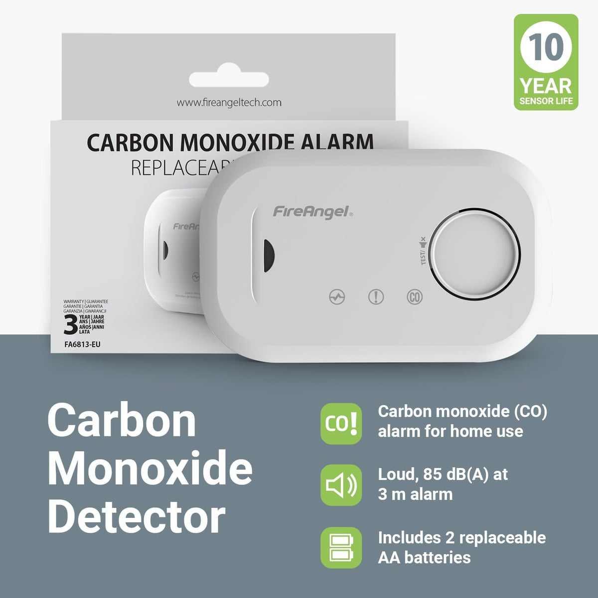FireAngel FA6813 Portable Carbon Monoxide Detector/Alarm, 10 Year CO Alarm
