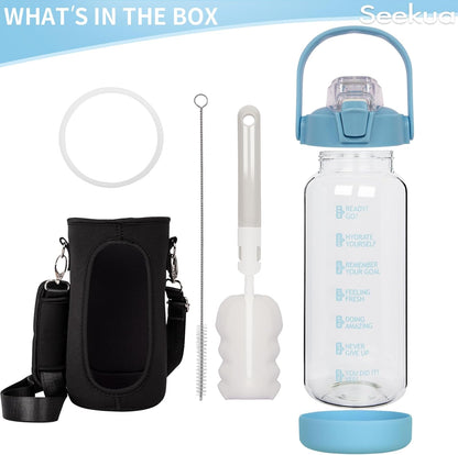 1.5l Glass Water Bottle with Straw & Motivational Time Markings 1.5 litre Large Leakproof Gym Drinking Bottle