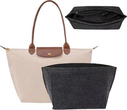 Bag Insert Organizer, Purse Insert Organizer With Zipper,Multi-Pocket Felt Handbag Organizer for Wallet Organize, Folding Tote Bag organize inserts for Longchamp (Dark gray, L)