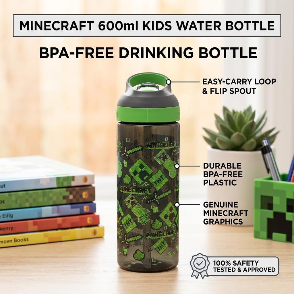 HOX Minecraft Creeper 600ml Drinks Bottle Eco Friendly School Water Bottle + Removable straw, Leak Proof BPA-free Plastic Gift for Minecraft fan - Officially licensed Merchandise