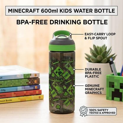 HOX Minecraft Creeper 600ml Drinks Bottle Eco Friendly School Water Bottle + Removable straw, Leak Proof BPA-free Plastic Gift for Minecraft fan - Officially licensed Merchandise