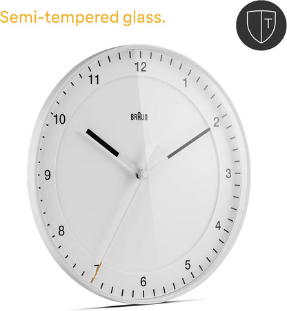 Braun Classic Large Analogue Wall Clock with Silent Sweep Movement, Easy To Read, 30cm Diameter in White, model BC17W.