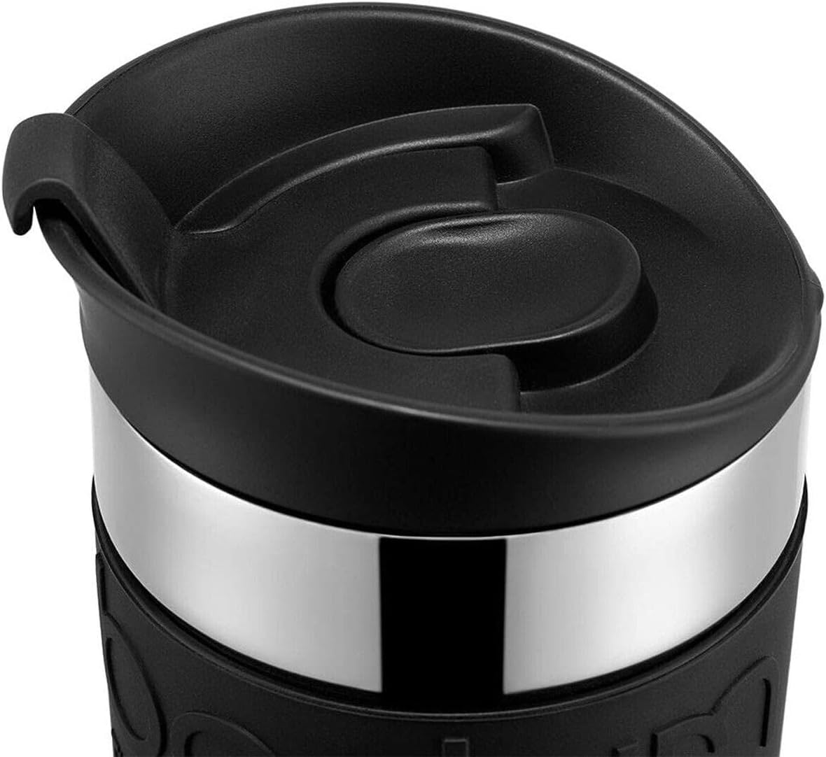 Bodum Travel Mug Vacuum Insulated Travel Cup, 350ml / 12oz Double-Wall Stainless-Steel Coffee Mug with Flip-Top Lid and Non-Slip Silicone Grip, Black, 11068-01