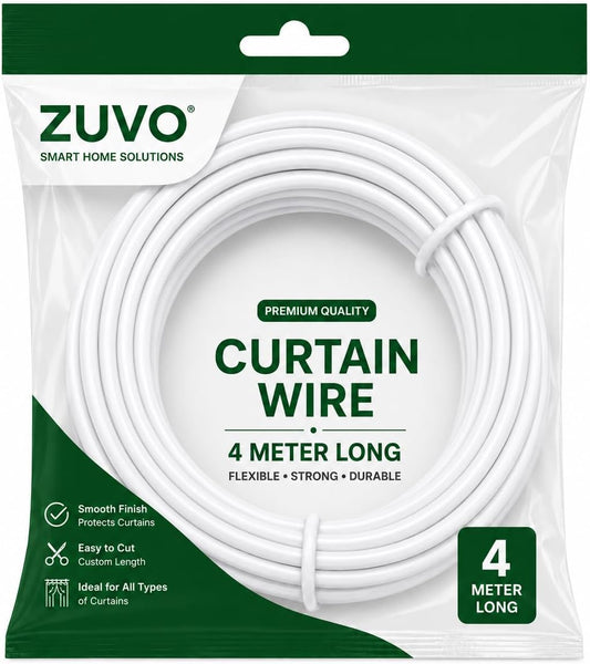 Zuvo Net Curtain Wire Kit with 6 Hooks and Eyes, 4 m, White