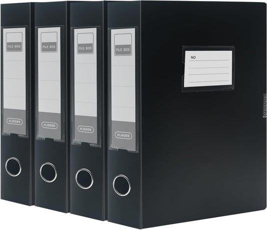 4 Pack A4 Plastic Box Files with Lid, 55mm Spine-Black
