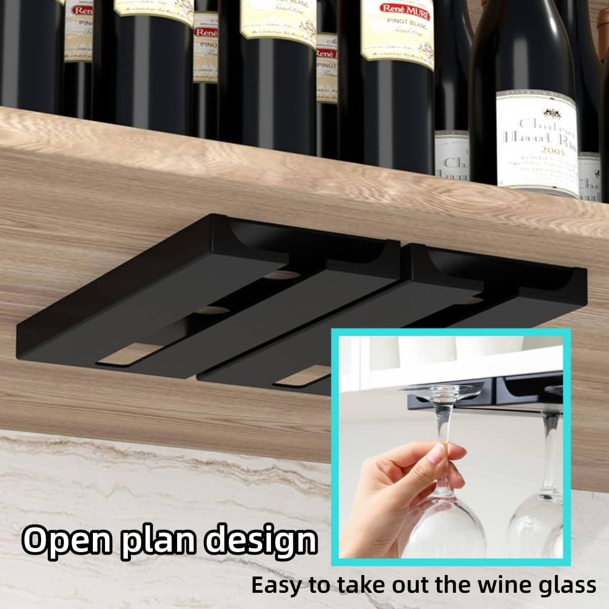 Self Adhesive Wine Glass Rack Under Shelf, Hanging Glasses Holder Hanger | Only 2cm thick, saving space; inverted storage prevents dust accumulation and allows for quick draining.