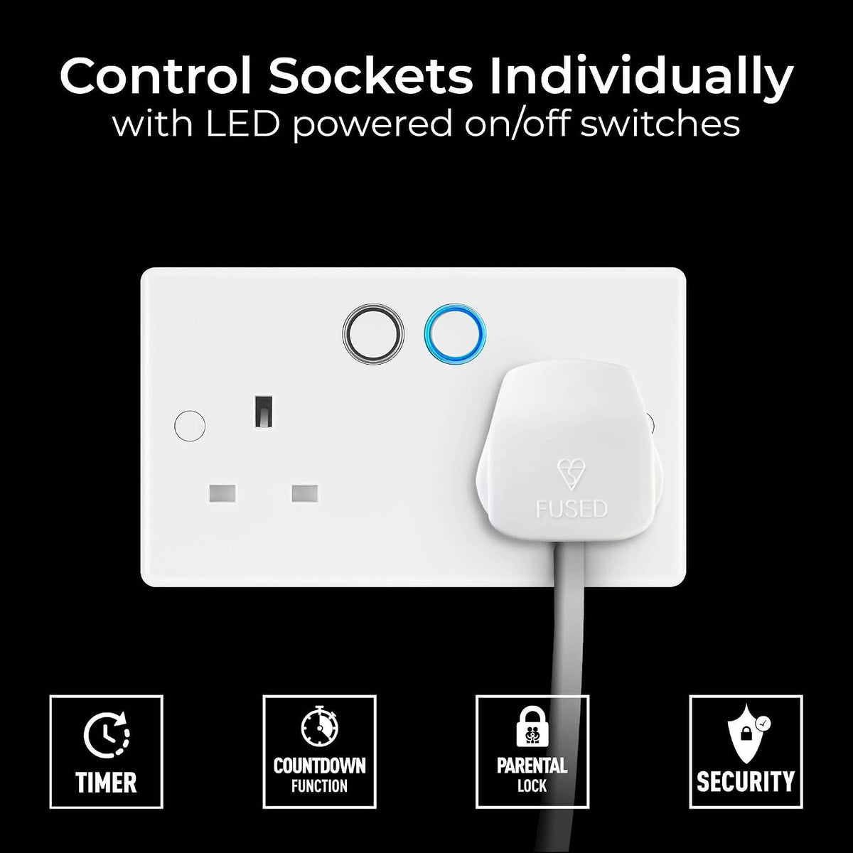 BG Electrical Double Switched Power Wall Plug Socket with Smart Home Control, Touch, Voice or App Control, Timer Function, Security Options, Round Edge, Nexus 800 Series, White Moulded, 13A, 822/HC
