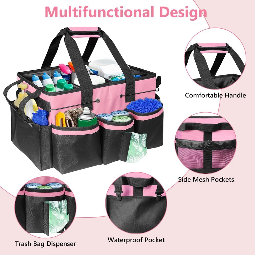 Cleaning Caddy with Handle, Professional Cleaning Bag with Detachable Divide, Adjustable Shoulder Strap & Waist Belt, Large Cleaning Caddy for Cleaning Supplies, Home, Car, Garden, Craft (Pink)