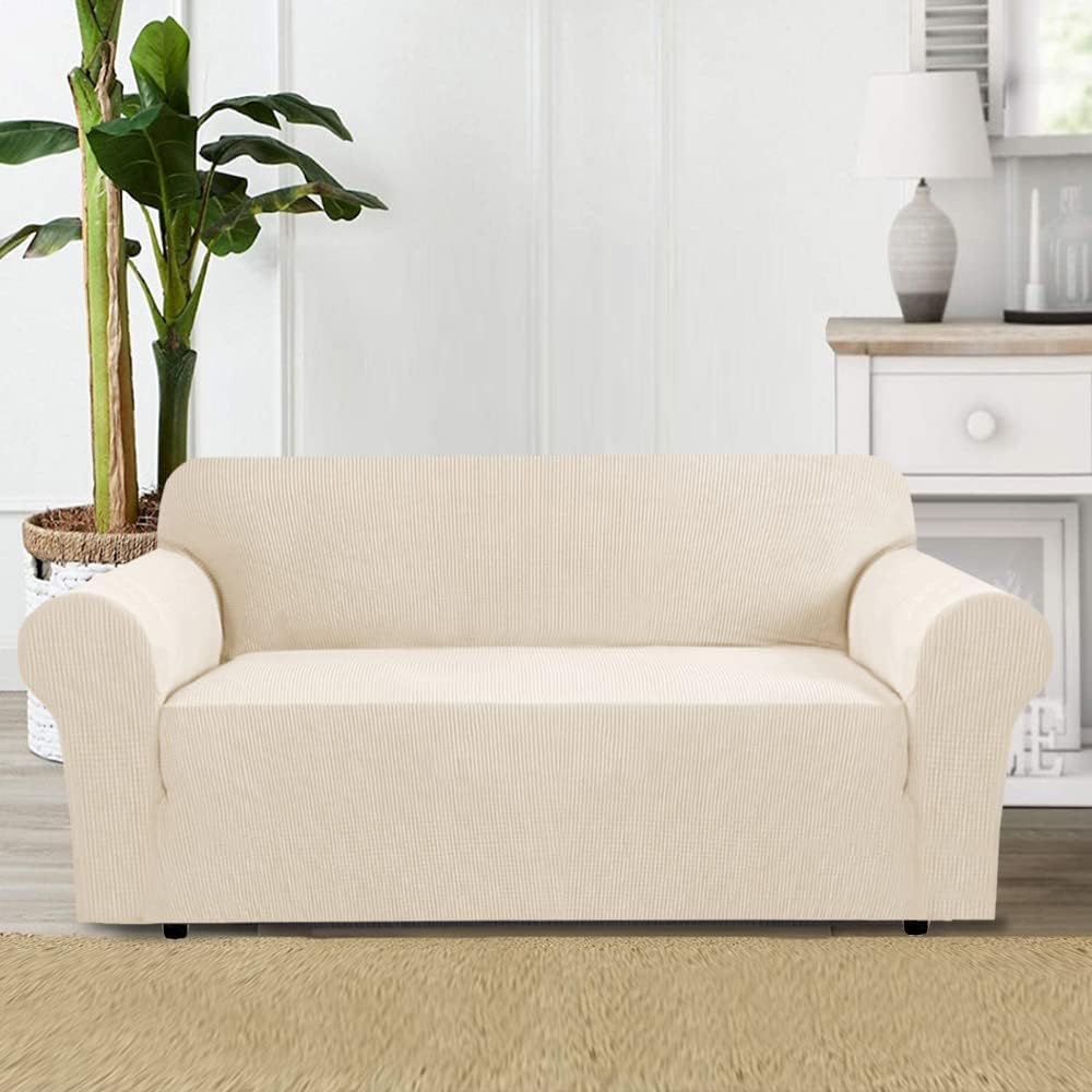 BellaHills Super Stretch Sofa Covers Couch Covers Sofa Slipcovers Furniture Protector for Sofas/Kids/Pets | Form Fitted Jacquard with Elastic Bottom, Thick Soft Non Slip (3 Seater，Natural)