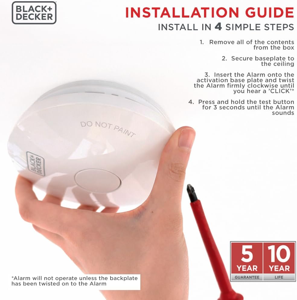 BLACK+DECKER - Smoke Alarm | Battery-Powered Smoke Alarm with 10-Year Battery Included. Easy-Install Fire Detector for Bedrooms, Hallways & Living Rooms