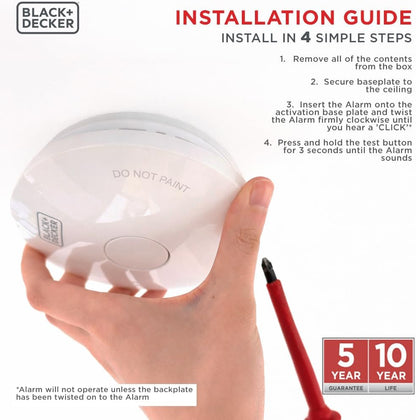 BLACK+DECKER - Smoke Alarm | Battery-Powered Smoke Alarm with 10-Year Battery Included. Easy-Install Fire Detector for Bedrooms, Hallways & Living Rooms