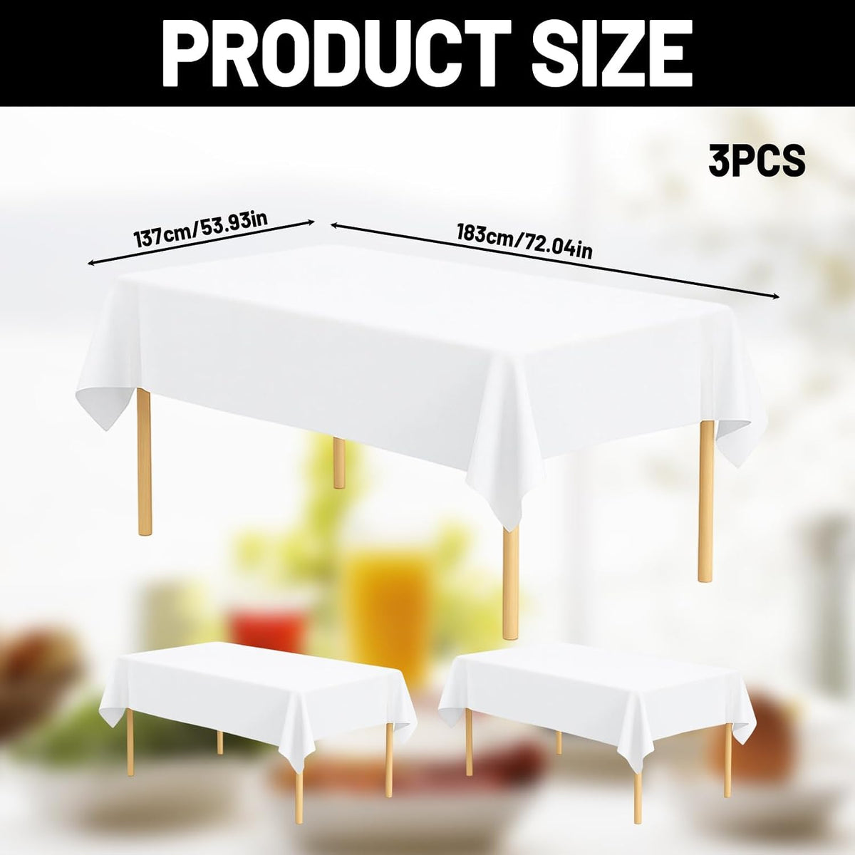 3 Pack White Table Cloth, 54x72 Inch Rectangle Table Cover for Party Dining Wedding, PEva Material Washable Tablecloth, White Table Cloths Rectangle, Paper Table Cloths
