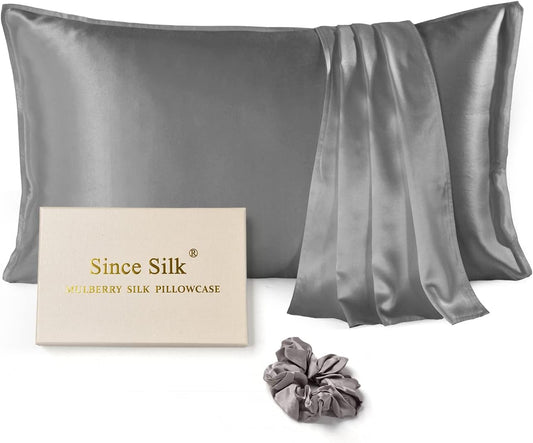 100% Mulberry Silk Pillowcase 25 Momme, Both Sides Silk with Hidden Zipper Slip Silk Pillow Cases 1PC, Housewife Silk Pillow Cover for Hair and Skin, Gift Box(50x90cm, Gray)