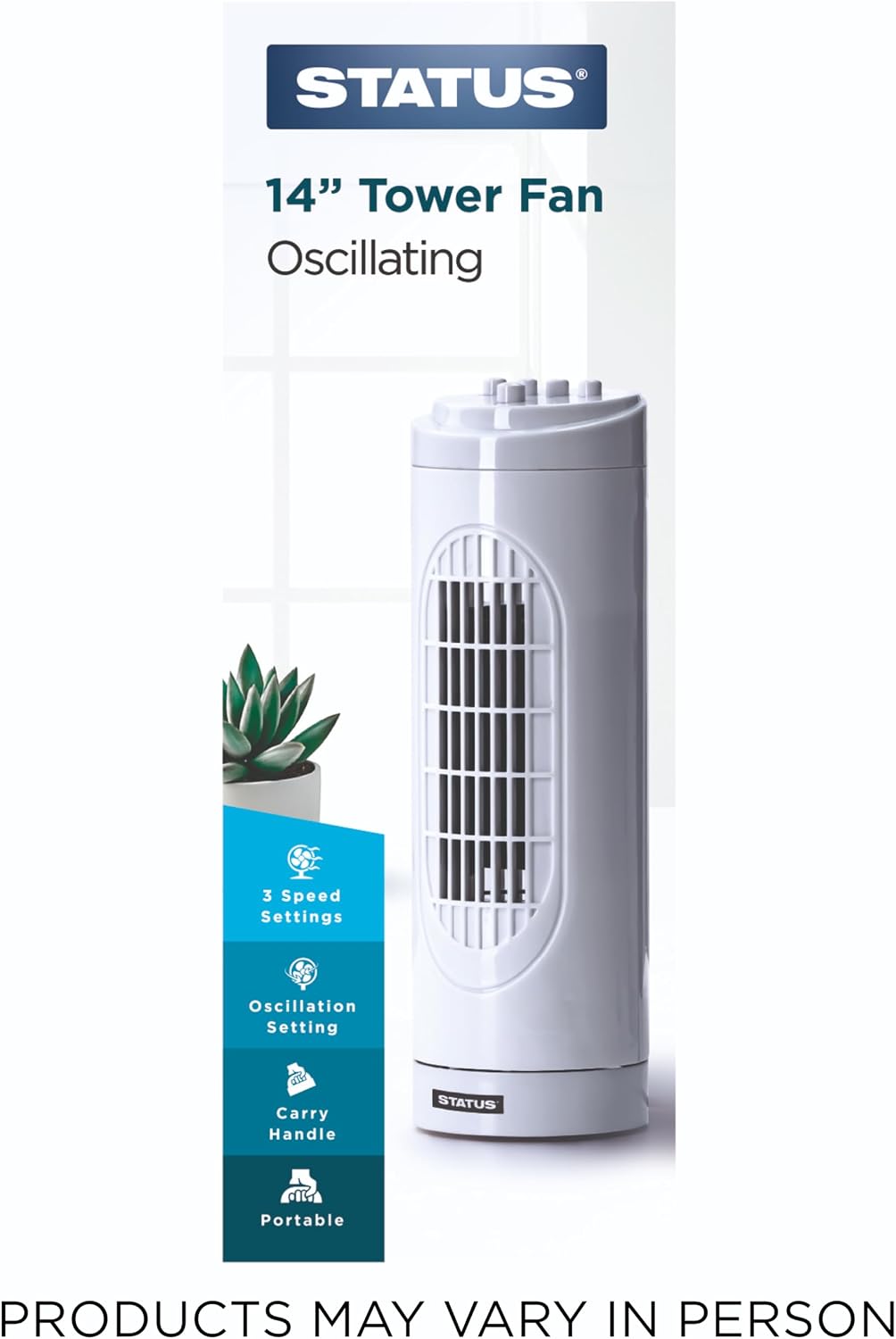Status 14 Inch Tower Fan with 3 Speed Settings, Oscillating Slim Cooling Fan with Carry Handle for Bedroom, Living Room and Office, White (S15TOWERFAN1PKB)