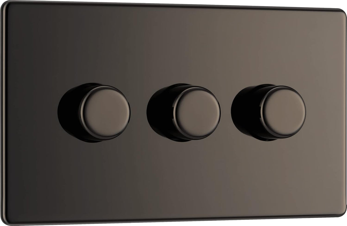 BG Electrical Intelligent Triple Wall Dimmer Switch, 2 Way, Screwless Front Plate, Premium Flatplate, Black Nickel, 200W, FBN83