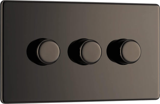 BG Electrical Intelligent Triple Wall Dimmer Switch, 2 Way, Screwless Front Plate, Premium Flatplate, Black Nickel, 200W, FBN83