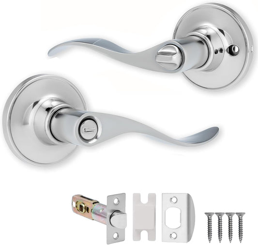 XFORT Cabriole Privacy Knob Set Polished Chrome, Keyless Door Knob with Lock for Internal Wooden Bathroom Doors, Complete Set with Tubular Latch
