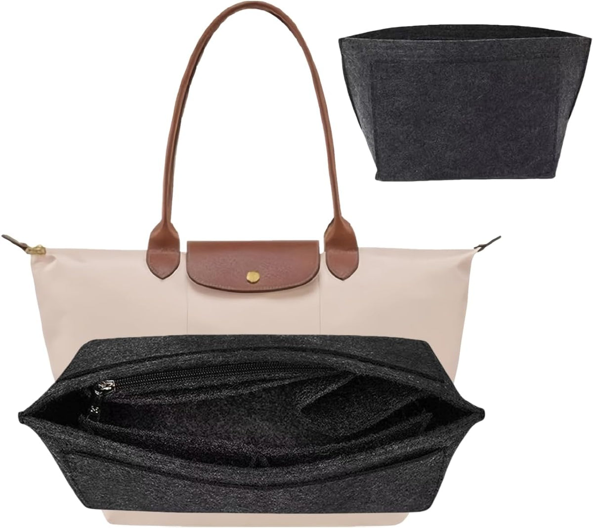 Bag Insert Organizer, Purse Insert Organizer With Zipper,Multi-Pocket Felt Handbag Organizer for Wallet Organize, Folding Tote Bag organize inserts for Longchamp (Dark gray, L)