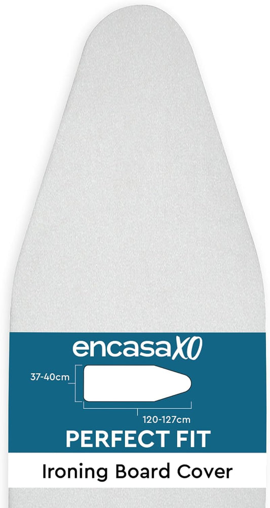 Encasa XO Metallised Ironing Board Cover & Pad 49"x15" Silver Luxury | 4 Layer Build with Foam & Felt Padding | Heat Reflective Siliconised Silver | Bungee Elastic & 3 Fasteners | Scorch Resistant