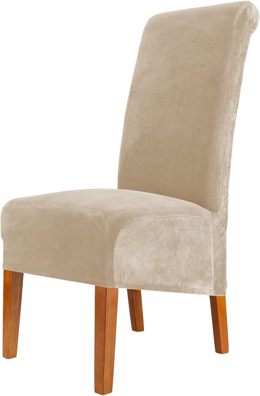 CMAKER Velvet Dining Chair Covers, Stretch Large Chair Slipcover, Spandex High Back Chairs Cover Elastic Washable Removable XL Chair Protector,Set of 2,Beige