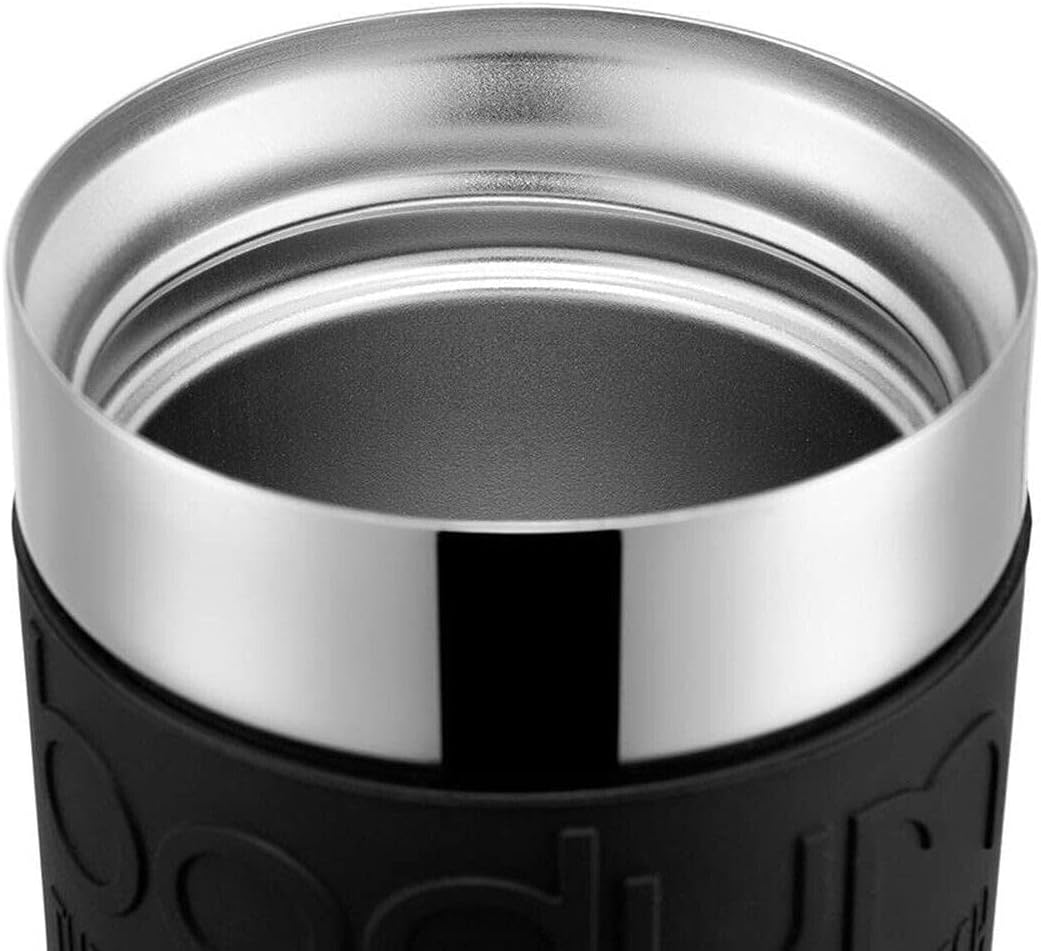 Bodum Travel Mug Vacuum Insulated Travel Cup, 350ml / 12oz Double-Wall Stainless-Steel Coffee Mug with Flip-Top Lid and Non-Slip Silicone Grip, Black, 11068-01